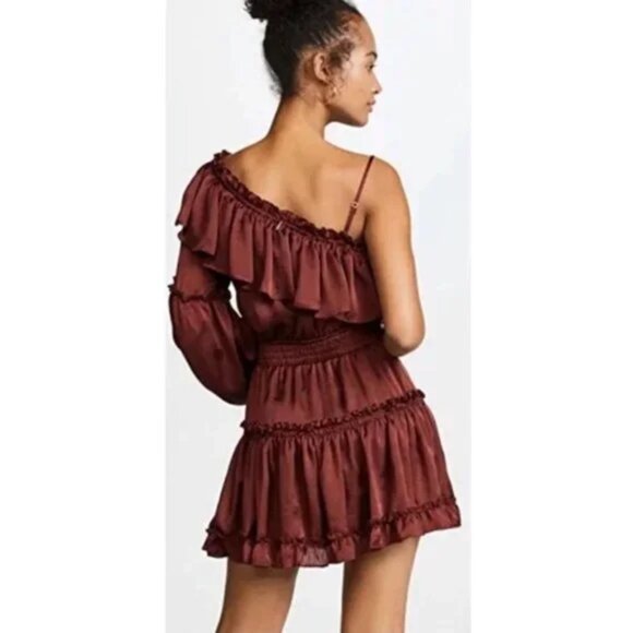 MISA Los Angeles Lucien Dress Off Shoulder Mini Satin Ruffle Cranberry Sz XS - Picture 3 of 11